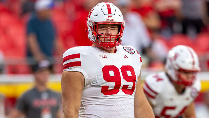 Nebraska defensive lineman Dylan Parrott before the Huskers' 2025 game vs. Cincinnati at Arrowhead Stadium in Kansas City