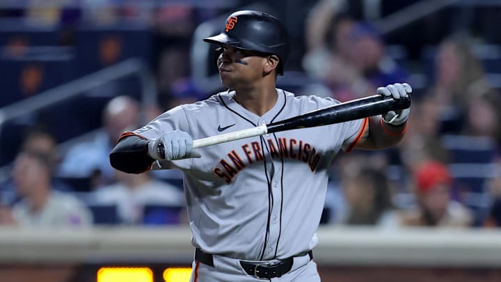 Aug 1, 2025; New York City, New York, USA; San Francisco Giants first baseman Rafael Devers (16) reacts after striking out during the seventh inning against the New York Mets at Citi Field. Mandatory Credit: Brad Penner-Imagn Images