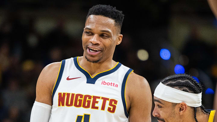 Feb 24, 2025; Indianapolis, Indiana, USA; Denver Nuggets guard Russell Westbrook (4)  in the second half against the Indiana Pacers at Gainbridge Fieldhouse. Mandatory Credit: Trevor Ruszkowski-Imagn Images