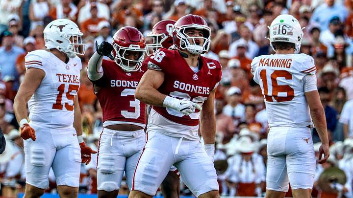 Oklahoma linebacker Owen Heinecke celebrates after making a tackle against Texas.