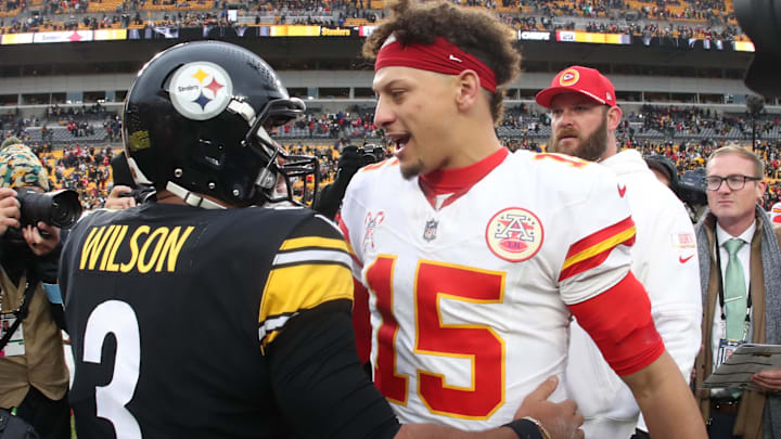 Dec 25, 2024; Pittsburgh, Pennsylvania, USA; Pittsburgh Steelers quarterback Russell Wilson (3) and Kansas City Chiefs quarterback Patrick Mahomes (15) greet each other after their game at Acrisure Stadium. Mandatory Credit: Charles LeClaire-Imagn Images Dec 25, 2024; Pittsburgh, Pennsylvania, USA; Pittsburgh Steelers quarterback Russell Wilson (3) and Kansas City Chiefs quarterback Patrick Mahomes (15) greet each other after their game at Acrisure Stadium. Mandatory Credit: Charles LeClaire-Imagn Images
