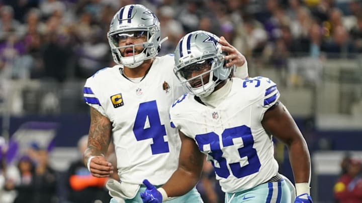 Dallas Cowboys running back Javonte Williams celebrates with Dak Prescott after a touchdown against the Minnesota Vikings Dallas Cowboys running back Javonte Williams celebrates with Dak Prescott after a touchdown against the Minnesota Vikings