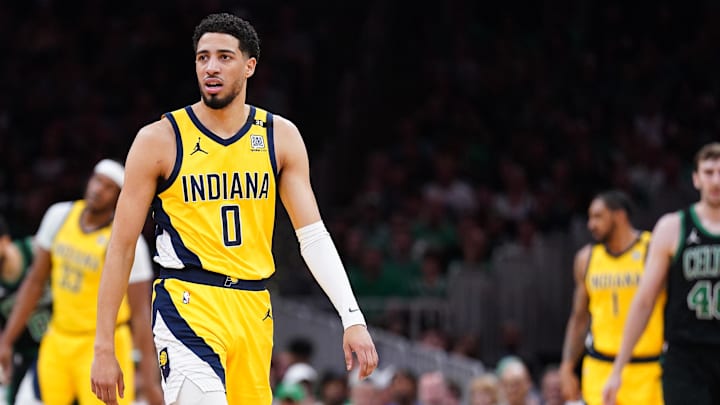 Pacers guard Tyrese Haliburton walks down the floor during Game 2 of the Eastern Conference finals against the Boston Celtics.
