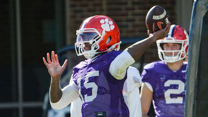 Clemson quarterback Chris Denson (15) passes during the Pinstipe Bowl practice in Clemson, S.C. Monday, Dec. 15, 2025. Clemson quarterback Chris Denson (15) passes during the Pinstipe Bowl practice in Clemson, S.C. Monday, Dec. 15, 2025.