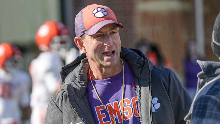 Clemson head coach Dabo Swinney during the Pinstipe Bowl practice in Clemson, S.C. Monday, Dec. 15, 2025.