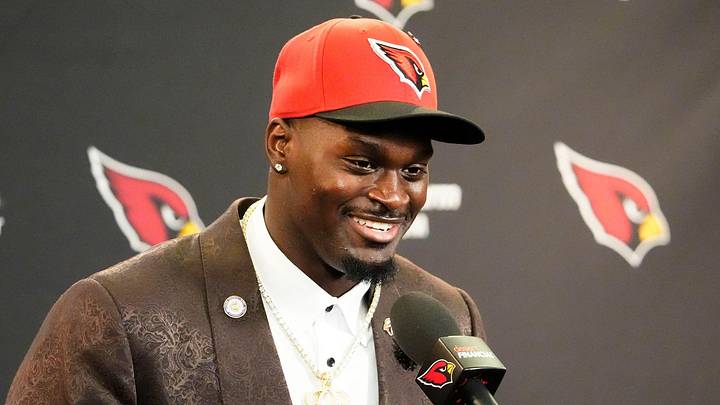 The Arizona Cardinals introduce their first-round draft pick running back Jeremiyah Love during a press conference at the Cardinals Dignity Health training facility on April 24, 2026, in Tempe, Ariz.