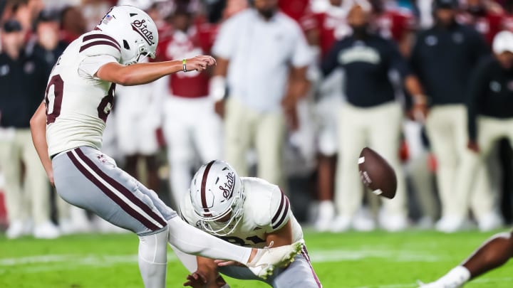 Sep 23, 2023; Columbia, South Carolina, USA; Mississippi State Bulldogs place kicker Kyle Ferrie (80) kicks a field goal against the South Carolina Gamecocks in the second half at Williams-Brice Stadium. Mandatory Credit: Jeff Blake-USA TODAY Sports Sep 23, 2023; Columbia, South Carolina, USA; Mississippi State Bulldogs place kicker Kyle Ferrie (80) kicks a field goal against the South Carolina Gamecocks in the second half at Williams-Brice Stadium. Mandatory Credit: Jeff Blake-USA TODAY Sports