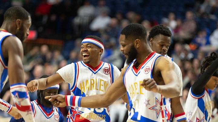 Globetrotters dance as fans enjoyed legendary antics during the Harlem Globetrotters 100 Years of Legacy tour at Exactech Arena at the Steven C. O'Connell Center in Gainesville, FL, on Monday, January 12, 2026. The globetrotters took on their traditional rivals, the Washington Generals, and pulled out a two-point win in overtime, 85-83. [Alan Youngblood/Gainesville Sun]