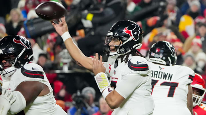 Dec 7, 2025; Kansas City, Missouri, USA; Houston Texans quarterback C.J. Stroud (7) throws a pass during the first quarter against the Kansas City Chiefs at GEHA Field at Arrowhead Stadium.