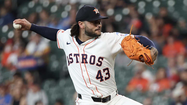 Jun 10, 2025; Houston, Texas, USA; Houston Astros starting pitcher Lance McCullers Jr. (43) pitches against the Chicago White Sox in the first inning at Daikin Park. Jun 10, 2025; Houston, Texas, USA; Houston Astros starting pitcher Lance McCullers Jr. (43) pitches against the Chicago White Sox in the first inning at Daikin Park.