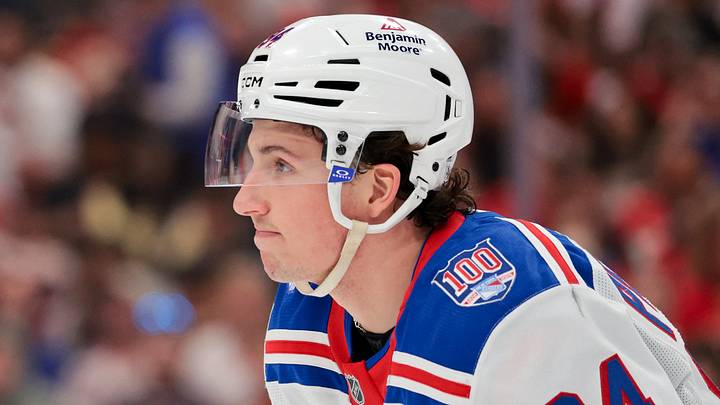 Apr 13, 2026; Sunrise, Florida, USA; New York Rangers right wing Gabe Perreault (94) looks on after scoring against the Florida Panthers during the second period at Amerant Bank Arena. Mandatory Credit: Sam Navarro-Imagn Images