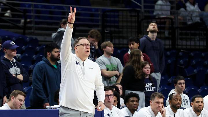 Penn State Nittany Lions men's basketball coach Mike Rhoades gestures from the bench against the Ohio State Buckeyes at Bryce Jordan Center. Penn State Nittany Lions men's basketball coach Mike Rhoades gestures from the bench against the Ohio State Buckeyes at Bryce Jordan Center.