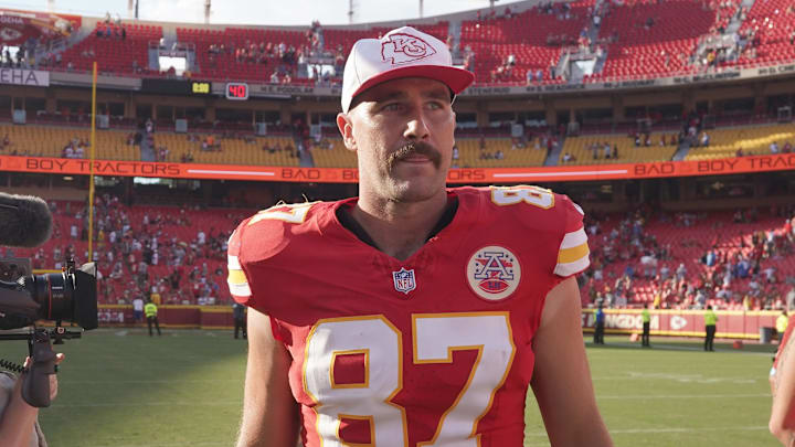 Aug 17, 2024; Kansas City, Missouri, USA; Kansas City Chiefs tight end Travis Kelce (87) on field after the game against the Detroit Lions at GEHA Field at Arrowhead Stadium. Mandatory Credit: Denny Medley-USA TODAY Sports