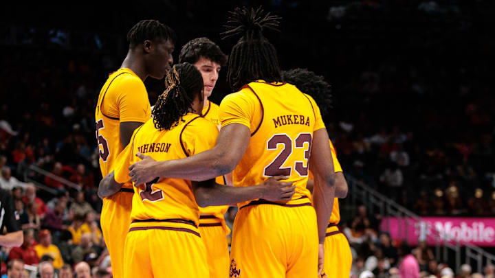 Mar 11, 2026; Kansas City, MO, USA; Arizona State Sun Devils huddle during the second half against the Iowa State Cyclones at T-Mobile Center. Mandatory Credit: William Purnell-Imagn Images