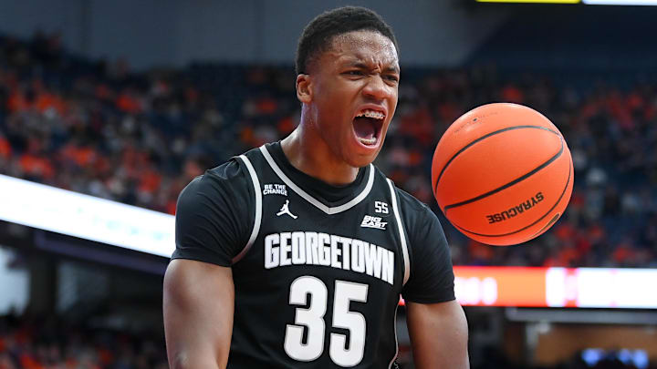 Dec 14, 2024; Syracuse, New York, USA; Georgetown Hoyas forward Thomas Sorber (35) reacts to a play against the Syracuse Orange during the first half at the JMA Wireless Dome. Mandatory Credit: Rich Barnes-Imagn Images