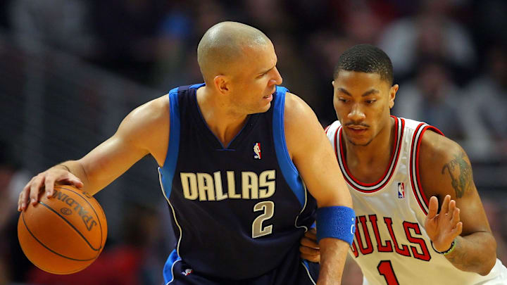 Mar 6, 2010; Chicago, IL, USA;  Dallas Mavericks guard Jason Kidd (2) is defended by Chicago Bulls guard Derrick Rose (1) during the first half at the United Center. The Mavericks defeated the Bulls 122-116. Mandatory Credit: Dennis Wierzbicki-Imagn Images