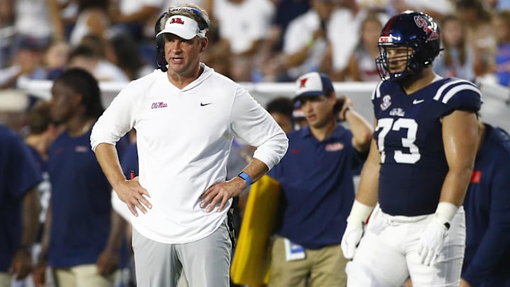 Aug 31, 2024; Oxford, Mississippi, USA; Mississippi Rebels head coach Lane Kiffin watches from the sideline during the first half against the Furman Paladins at Vaught-Hemingway Stadium. Mandatory Credit: Petre Thomas-Imagn Images