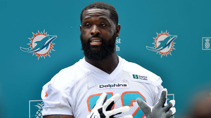Miami Dolphins offensive tackle Terron Armstead (72) answers questions from the media during