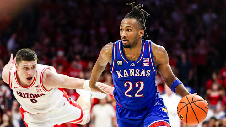 Feb 28, 2026; Tucson, Arizona, USA; Kansas Jayhawks guard Darryn Peterson (22) dribbles the ball during the first half of the game against the Arizona Wildcats at McKale Memorial Center. Mandatory Credit: Aryanna Frank-Imagn Images