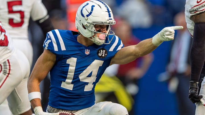 Indianapolis Colts wide receiver Alec Pierce (14) signals a first down after a catch Sunday, Oct. 12, 2025, against the Arizona Cardinals at Lucas Oil Stadium in Indianapolis. Indianapolis Colts wide receiver Alec Pierce (14) signals a first down after a catch Sunday, Oct. 12, 2025, against the Arizona Cardinals at Lucas Oil Stadium in Indianapolis.