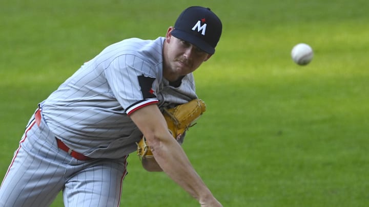 Aug 2, 2025; Cleveland, Ohio, USA; Minnesota Twins relief pitcher Pierson Ohl (62) delivers a pitch in the eighth inning against the Cleveland Guardians at Progressive Field. Mandatory Credit: David Richard-Imagn Images