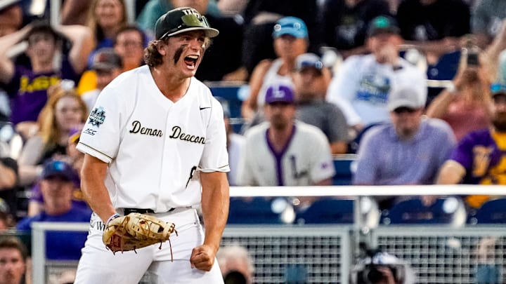 Jun 19, 2023; Omaha, NE, USA; Wake Forest Demon Deacons first baseman Nick Kurtz (8) celebrates after defeating the LSU Tigers at Charles Schwab Field Omaha. Mandatory Credit: Dylan Widger-Imagn Images
