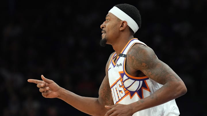 Oct 11, 2024; Phoenix, Arizona, USA; Phoenix Suns guard Bradley Beal (3) reacts against the Detroit Pistons during the first half at Footprint Center. Mandatory Credit: Joe Camporeale-Imagn Images