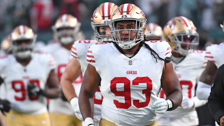 Dec 3, 2023; Philadelphia, Pennsylvania, USA; San Francisco 49ers defensive tackle Kalia Davis (93) runs off the field against the Philadelphia Eagles at Lincoln Financial Field.