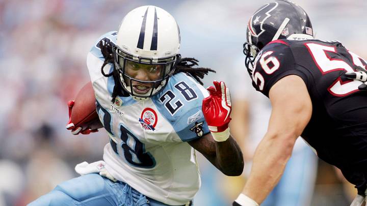 Tennessee Titans running back Chris Johnson (28) runs for good yardages against the Houston Texans at LP Field in Nashville on Sept. 20, 2009. The Titans lost their home opener 34-31.