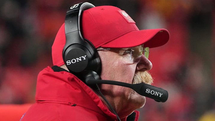 Dec 7, 2025; Kansas City, Missouri, USA; Kansas City Chiefs head coach Andy Reid is seen on the sideline during the fourth quarter against the Houston Texans at GEHA Field at Arrowhead Stadium. Mandatory Credit: Denny Medley-Imagn Images