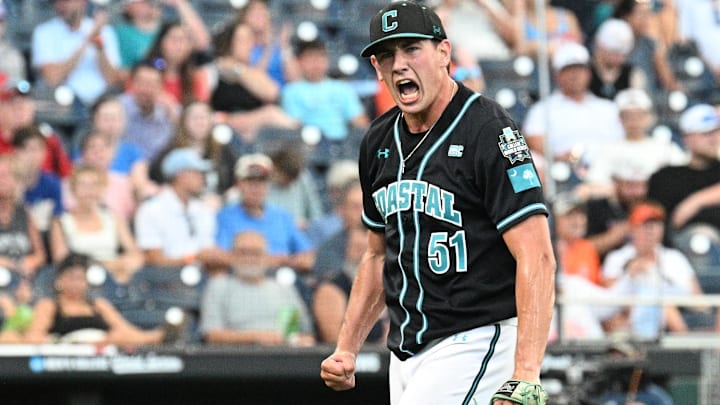 Jun 15, 2025; Omaha, Neb, USA;  Coastal Carolina Chanticleers starting pitcher Jacob Morrison (51) walks off the mound after the end of the seventh inning against the Oregon State Beavers at Charles Schwab Field. Mandatory Credit: Steven Branscombe-Imagn Images