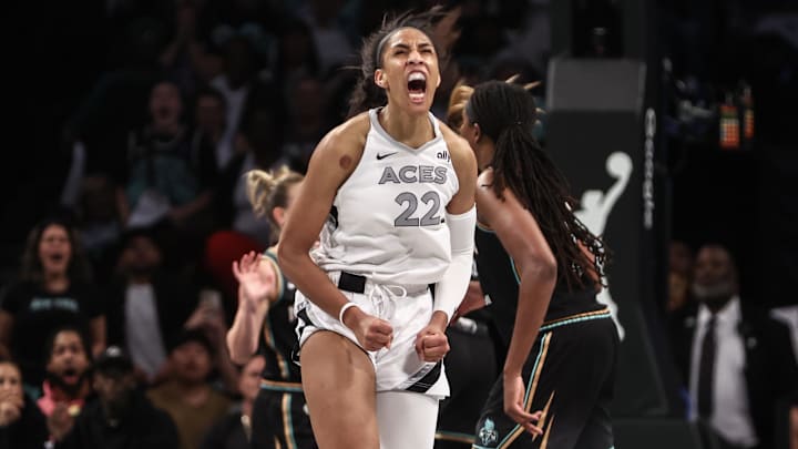  Las Vegas Aces center A'ja Wilson during game two of the 2024 WNBA Semi-finals against the New York Liberty.