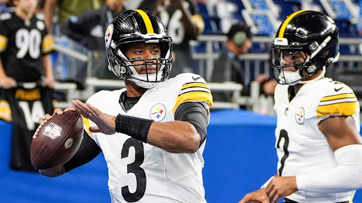 Pittsburgh Steelers quarterback Russell Wilson (3) warms up before a preseason game against Detroit Lions at Ford Field in Detroit on Saturday, August 24, 2024. Pittsburgh Steelers quarterback Russell Wilson (3) warms up before a preseason game against Detroit Lions at Ford Field in Detroit on Saturday, August 24, 2024.