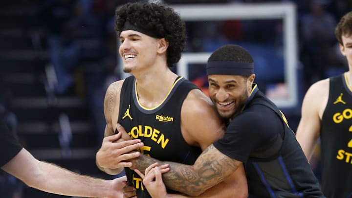 Feb 25, 2026; Memphis, Tennessee, USA; Golden State Warriors guard Gary Payton II (0) embraces with forward Gui Santos (15) during the second half against the Memphis Grizzlies at FedExForum. Mandatory Credit: Petre Thomas-Imagn Images Feb 25, 2026; Memphis, Tennessee, USA; Golden State Warriors guard Gary Payton II (0) embraces with forward Gui Santos (15) during the second half against the Memphis Grizzlies at FedExForum. Mandatory Credit: Petre Thomas-Imagn Images