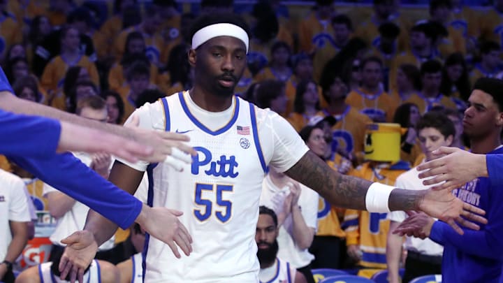 Feb 3, 2025; Pittsburgh, Pennsylvania, USA;  Pittsburgh Panthers forward Zack Austin (55) during player introductions against the Virginia Cavaliers at the Petersen Events Center. Mandatory Credit: Charles LeClaire-Imagn Images