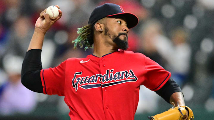 Aug 22, 2023; Cleveland, Ohio, USA; Cleveland Guardians relief pitcher Emmanuel Clase (48) throws a