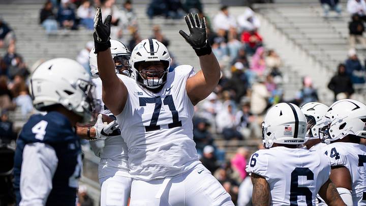 Penn State Nittany Lions offensive lineman Vega Ioane celebrates a touchdown during the 2025 Blue-White Game at Beaver Stadium. 