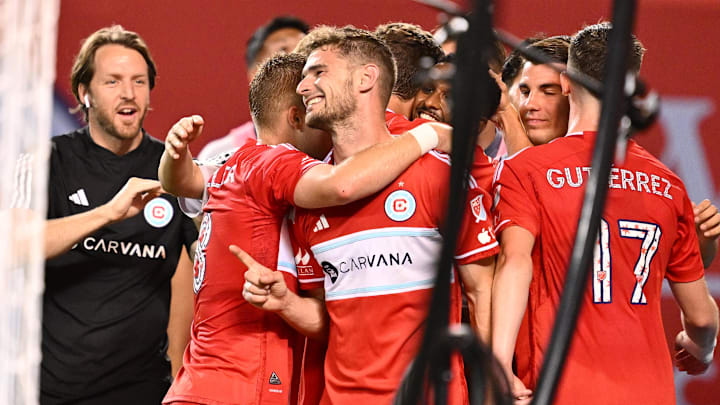 Jul 3, 2024; Chicago, Illinois, USA;  Chicago Fire FC forward Hugo Cuypers (9) celebrates with teammates after scoring a goal in extra time against the Philadelphia Union at Soldier Field. Mandatory Credit: Jamie Sabau-USA TODAY Sports