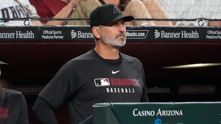Arizona Diamondbacks manager Torey Lovullo watches his team play against the Tampa Bay Rays during the fifth inning at Chase Field on April 23, 2025, in Phoenix.