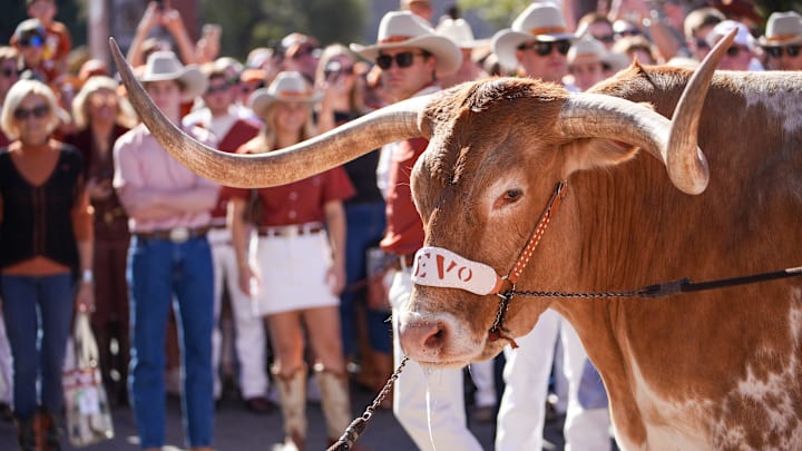 Bevo XV makes it’s way into the Darrell K Royal Texas Memorial Stadium, Austin, Texas, Saturday, Nov 24, 2024. Bevo XV makes it’s way into the Darrell K Royal Texas Memorial Stadium, Austin, Texas, Saturday, Nov 24, 2024.