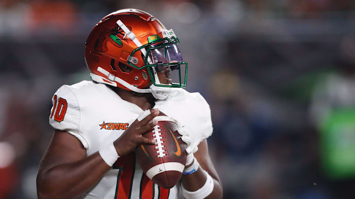 Florida A&M quarterback Daniel Richardson (10) looks to throw a pass during the Cricket MEAC-SWAC Challenge NCAA college football game against Norfolk State in Atlanta on Saturday, Aug. 24, 2024. Florida A&M quarterback Daniel Richardson (10) looks to throw a pass during the Cricket MEAC-SWAC Challenge NCAA college football game against Norfolk State in Atlanta on Saturday, Aug. 24, 2024.