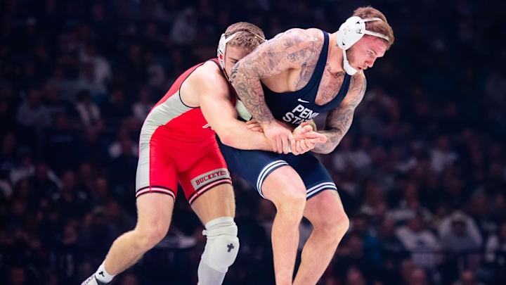 Penn State's Rocco Welsh escapes Ohio State's Dylan Fishback at 184 pounds during a Big Ten wrestling dual inside the Bryce Jordan Center. Penn State's Rocco Welsh escapes Ohio State's Dylan Fishback at 184 pounds during a Big Ten wrestling dual inside the Bryce Jordan Center.