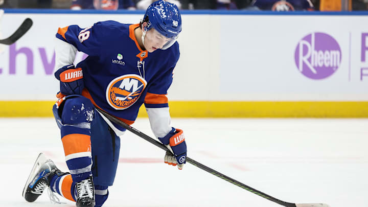 Nov 22, 2025; Elmont, New York, USA; New York Islanders defenseman Matthew Schaefer (48) reacts after failing to score in the second period against the St. Louis Blues at UBS Arena. Mandatory Credit: Wendell Cruz-Imagn Images Nov 22, 2025; Elmont, New York, USA; New York Islanders defenseman Matthew Schaefer (48) reacts after failing to score in the second period against the St. Louis Blues at UBS Arena. Mandatory Credit: Wendell Cruz-Imagn Images