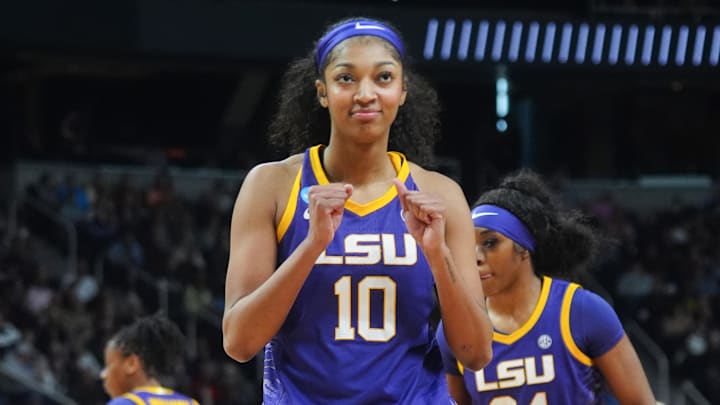 Mar 30, 2024; Albany, NY, USA; LSU Tigers forward Angel Reese (10) reacts to a foul call against the UCLA Bruins during the second half in the semifinals of the Albany Regional of the 2024 NCAA Tournament at MVP Arena. Mandatory Credit: Gregory Fisher-Imagn Images