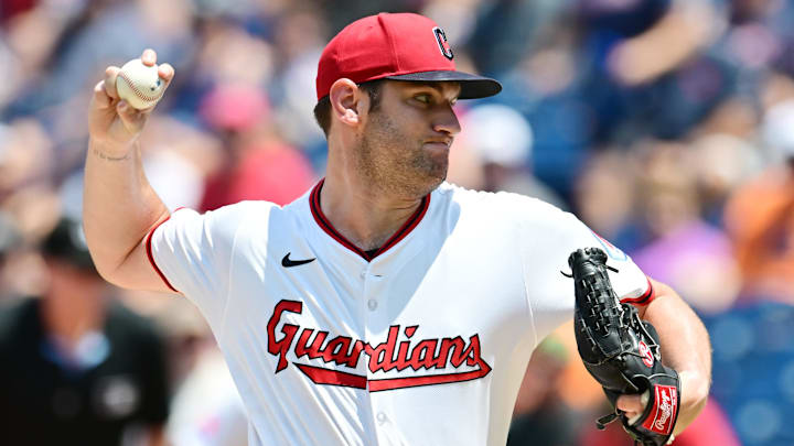 Jul 6, 2025; Cleveland, Ohio, USA; Cleveland Guardians starting pitcher Gavin Williams (32) throws a pitch during the first inning against the Detroit Tigers at Progressive Field. Mandatory Credit: Ken Blaze-Imagn Images