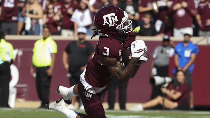 Texas A&M Aggies wide receiver Ashton Bethel-Roman (3) makes a catch for a touchdown during the third quarter against the South Carolina Gamecocks at Kyle Field. Texas A&M Aggies wide receiver Ashton Bethel-Roman (3) makes a catch for a touchdown during the third quarter against the South Carolina Gamecocks at Kyle Field.