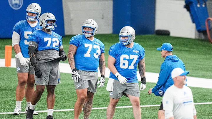 Detroit Lions center Trystan Colon (67), center, and guard Christian Mahogany (73). Detroit Lions center Trystan Colon (67), center, and guard Christian Mahogany (73).