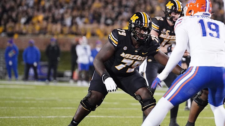 Nov 18, 2023; Columbia, Missouri, USA; Missouri Tigers offensive lineman Armand Membou (79) at the line of scrimmage against the Florida Gators during the game at Faurot Field at Memorial Stadium. Mandatory Credit: Denny Medley-Imagn Images