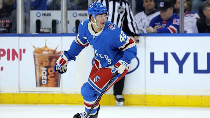 Oct 7, 2025; New York, New York, USA; New York Rangers center Noah Laba (42) skates against the Pittsburgh Penguins during the first period at Madison Square Garden. Mandatory Credit: Brad Penner-Imagn Images