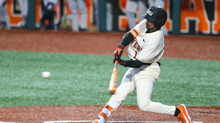 Oregon State's Jacob Galloway swings the bat during an NCAA college baseball game at Goss Stadium on Friday, March 6, 2026, in Corvallis, Ore. Oregon State's Jacob Galloway swings the bat during an NCAA college baseball game at Goss Stadium on Friday, March 6, 2026, in Corvallis, Ore.